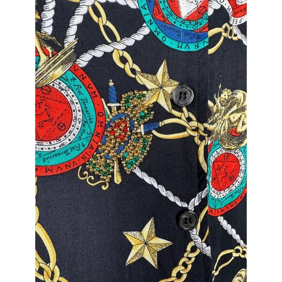 Vintage Womens Button Up Shirt Large Black Chain Medallion Baroque Old Money - Picture 6 of 12